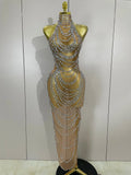 Luxury Sparkly Gold Rhinestone Sexy Transparent Mesh Long Dress Women Birthday Party Gown Stage Singer Performance Costume Silver