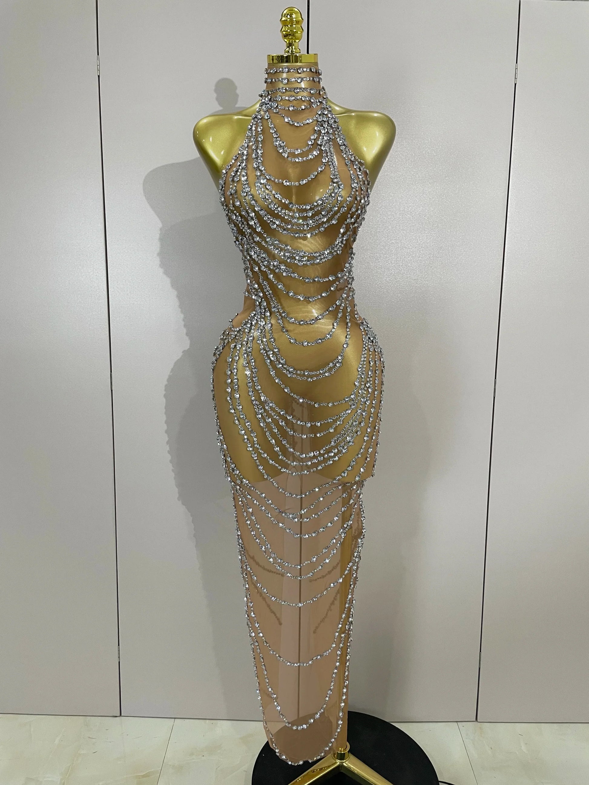 Luxury Sparkly Gold Rhinestone Sexy Transparent Mesh Long Dress Women Birthday Party Gown Stage Singer Performance Costume Silver
