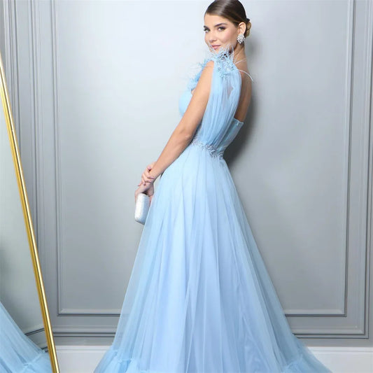 Light Blue One Shoulder Prom Dresses Feathers A-line Vestidos De Fiesta Sleeveless Lace Embroidery Tulle Party Dress