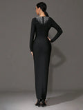 Elegant Women's Light Luxury Hot Diamond Bandage Dress O-neck Long Sleeve Bodycon Black Long Dress Evening Party Vestidos