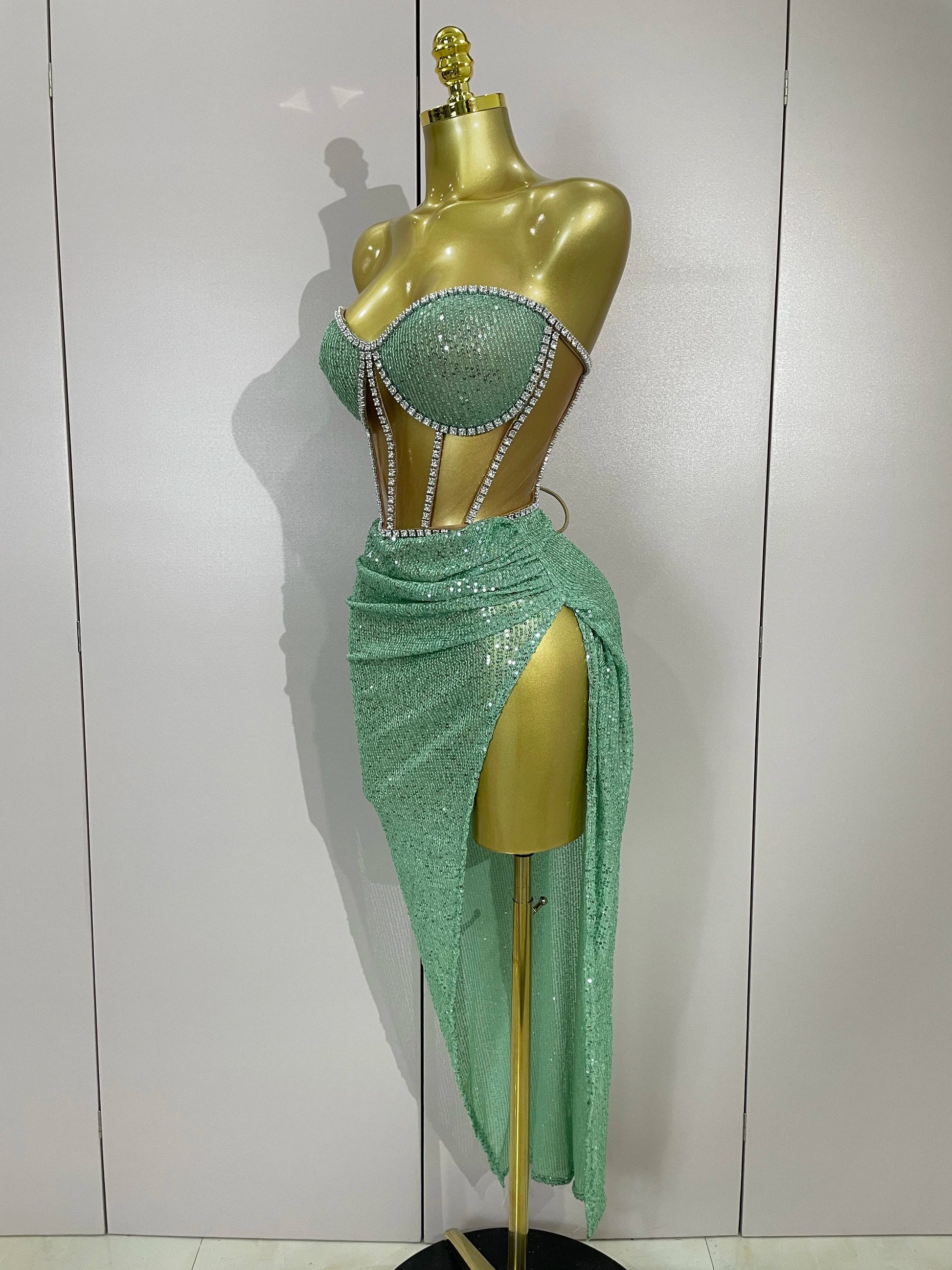 Sparkly Sequins Diamond Birthday Party Two Piece Set Evening Dress Women Sexy Singer Dancer NightClub Bar Performan Costume