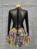 Black Color Women Long Sleeve Sexy Mesh See Through Bodycon Mini Dress Colorful Tassels Nightclub Party Performance Stage Wear