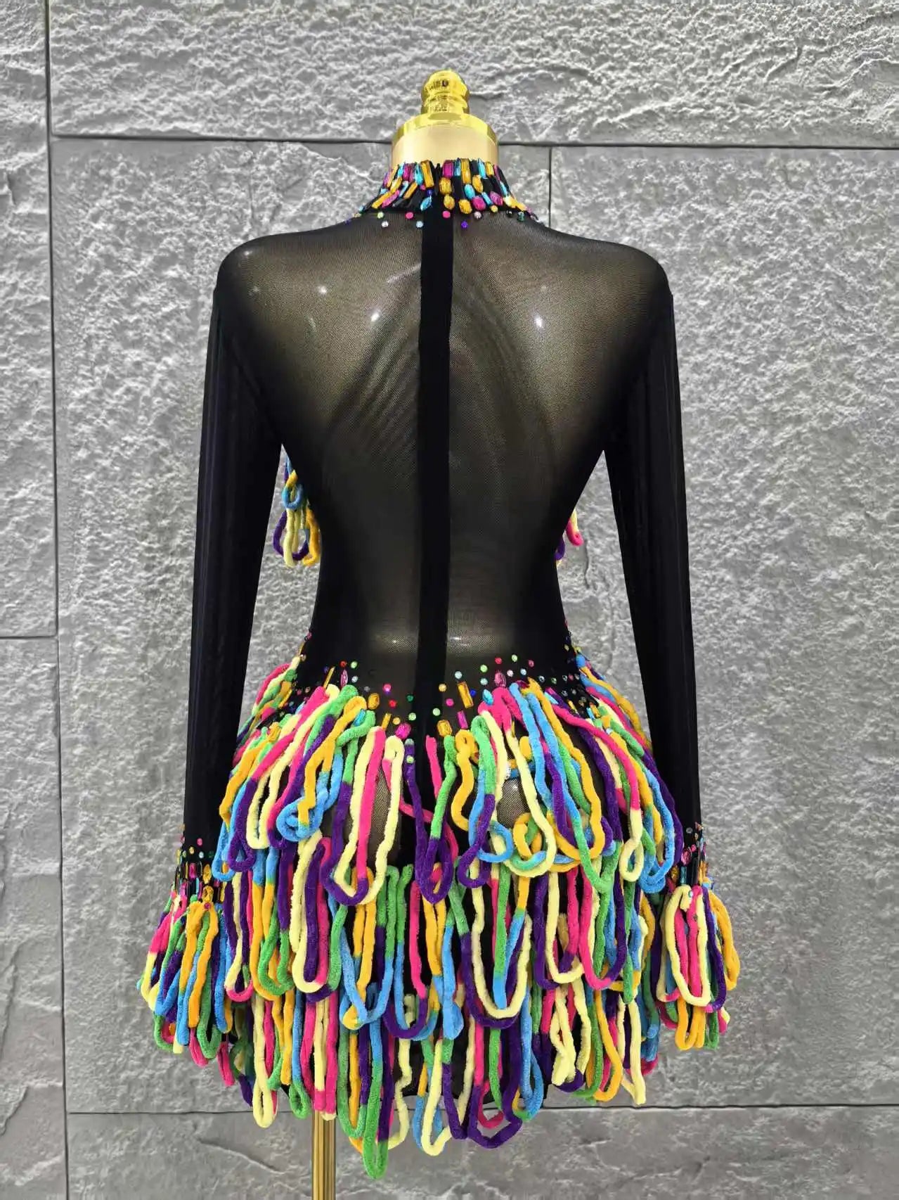 Black Color Women Long Sleeve Sexy Mesh See Through Bodycon Mini Dress Colorful Tassels Nightclub Party Performance Stage Wear