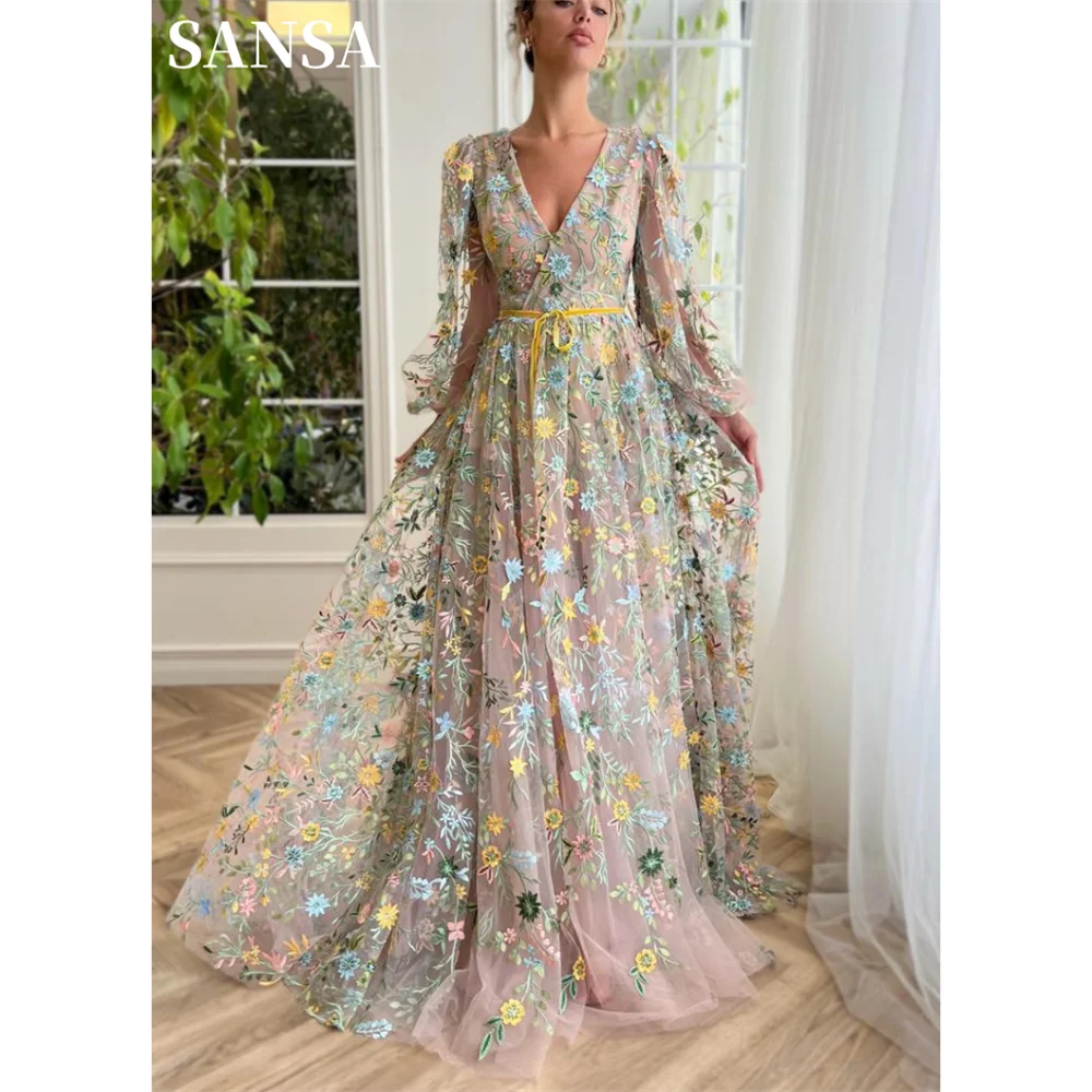Spirit Flower Lace Vestidos De Noche Princess Puffy Sleeve A-line فساتين السهرة Sweet V-neck Spring Prom Dresses