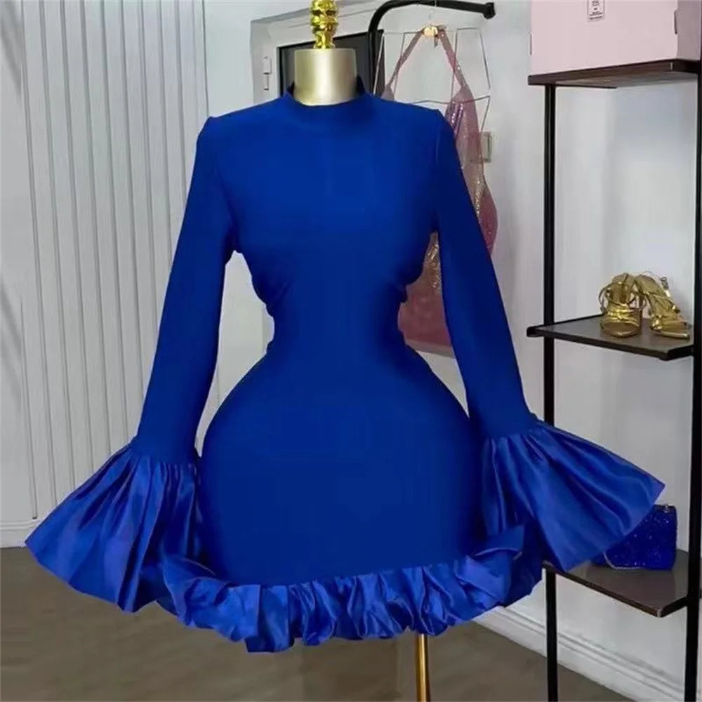 Black Blue Women Long Sleeve Sexy Ruffles Bodycon Mini Bandage Dress Nightclub Party Celebrate Birthday Fashion Outfit Vestido