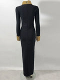 Elegant Women Light Luxury Nail Bead Design Bandage Dress High Collar Long Sleeve Bodycon Long Dress Evening Party Vestidos