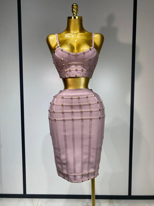High Quality Women Sexy Luxury Birthday BandageTwo Piece Set Evening Party Prom Gown Celebirty High Street Club Party Outfit Pink