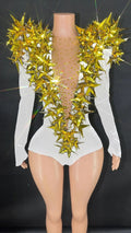 Shiny Black Rhinestone Velvet Long Sleeve Bodysuit Women Evening Party Club Gala Hosts NightClub Bar Stage Costumes WHITE
