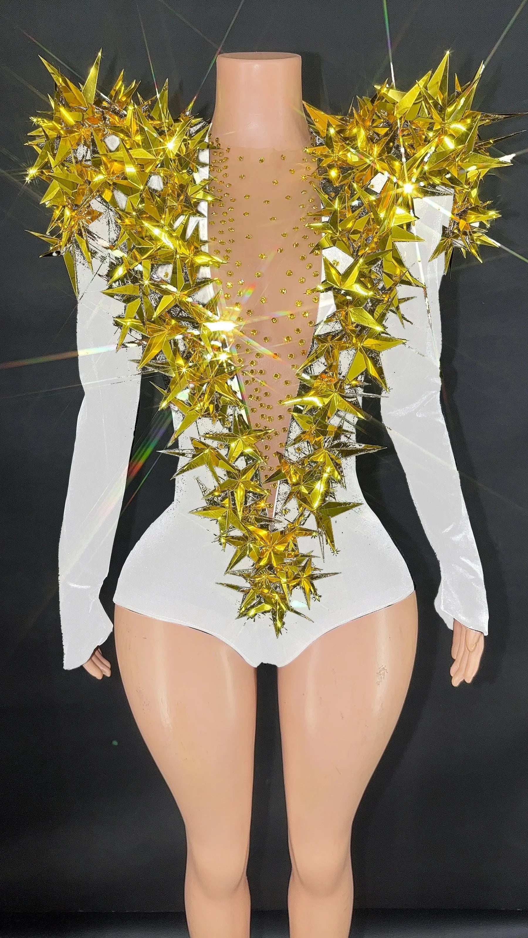 Shiny Black Rhinestone Velvet Long Sleeve Bodysuit Women Evening Party Club Gala Hosts NightClub Bar Stage Costumes WHITE