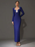 Elegant Women's Light Luxury Nail Diamond Design Bandage Dress U Neck Long Sleeve Bodycon Long Dress Evening Party Vestidos Blue