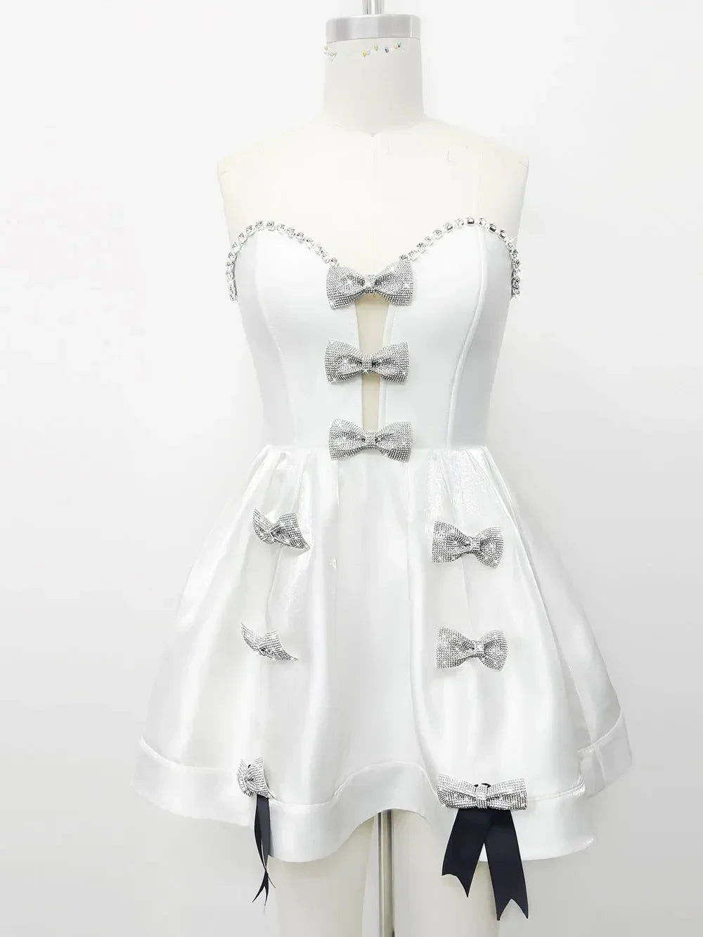 Spring Women's White Puff Dress Strapless Sleeveless Three Dimensional Bow Design A-line Mini Dress Evening Party Vestidos