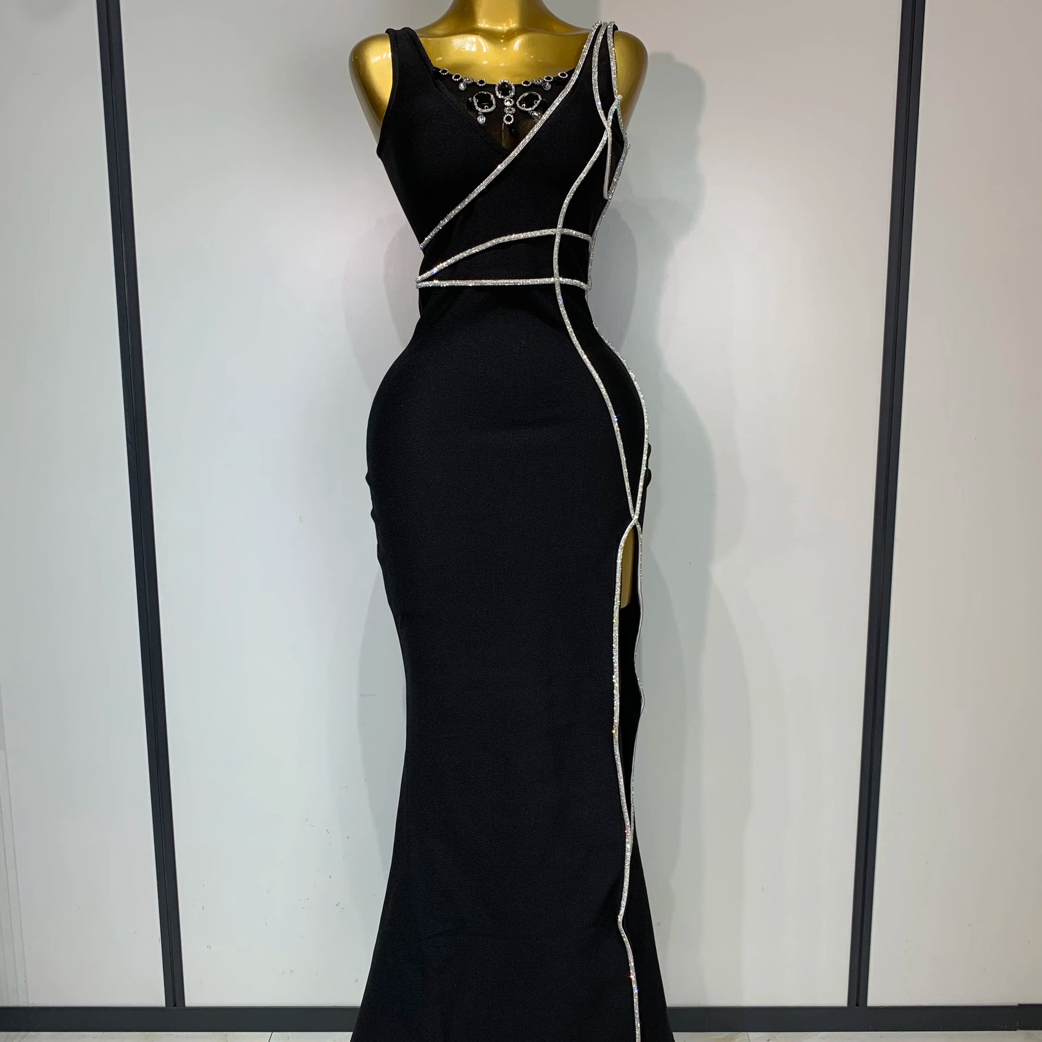 New Women Sexy Beading Black Maxi Long Bandage Dress Luxury Birthday Dresses Evening Club Party Knitted Bodycon Clothing black