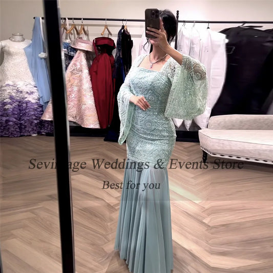 Elegant Mint Green Mermaid Prom Dress Square Collar Lace Ruched Floor Length Sheath Party Gowns vestido de gala