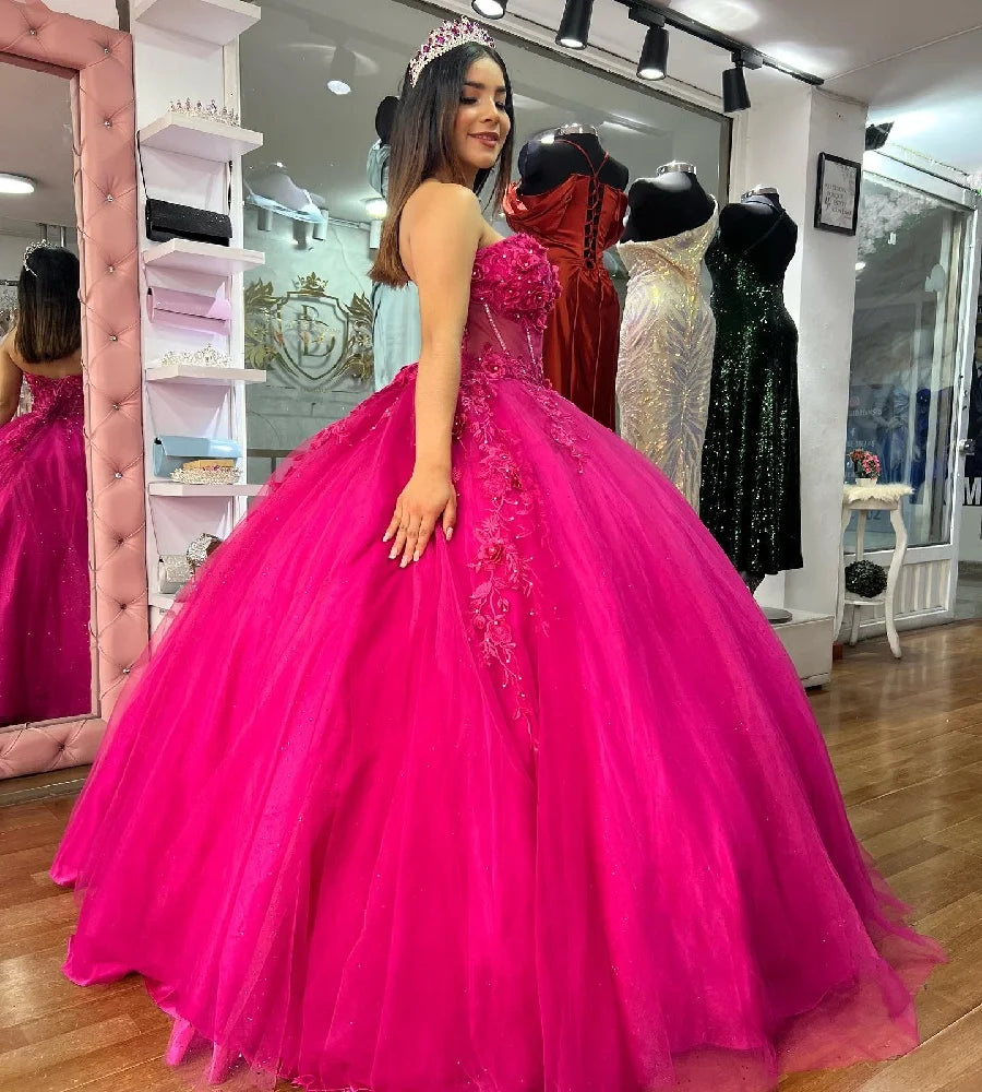 Elegant Fuchsia Quinceanera Dresses With 3D Florals 2025 Sweetheart Ball Gown Tulle Beaded Vestidos De 15 Años Xv Customized