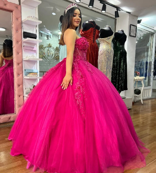 Elegant Fuchsia Quinceanera Dresses With 3D Florals 2025 Sweetheart Ball Gown Tulle Beaded Vestidos De 15 Años Xv Customized