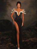 Women Sexy Black Pearl bead Maxi Long Bodycon Bandage Dress Celebrity Elegant Evening Club Party Luxury Birthday Gowns