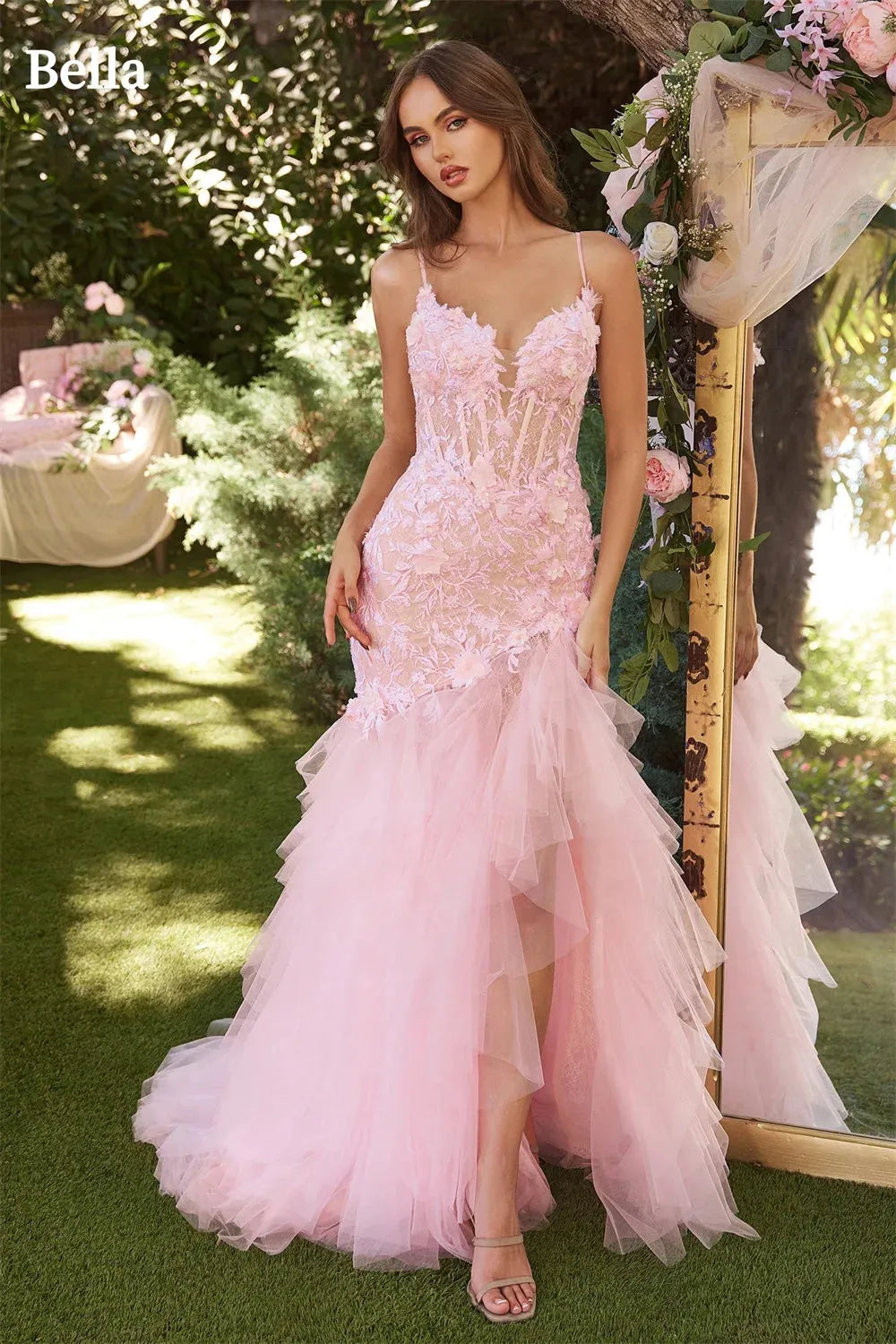 Baby Pink Prom Dresses Lace Appliques Tulle Mermaid Wedding Dress Eleg, image size:1000x1500