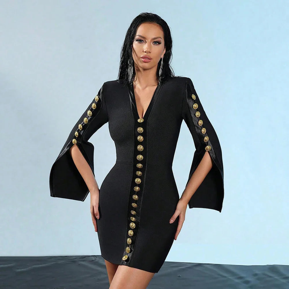 Women V Neck Bandage Dress Black Sexy Long Sleeve Button Bodycon Club Celebrity Elegant Evening Mini Party Dresses black