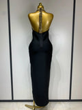 Women Fashion Celebrity Sexy Backless Beading Midi Black Bodycon Bandage Dress Elegant Evening Club Luxury Birthday Dresses