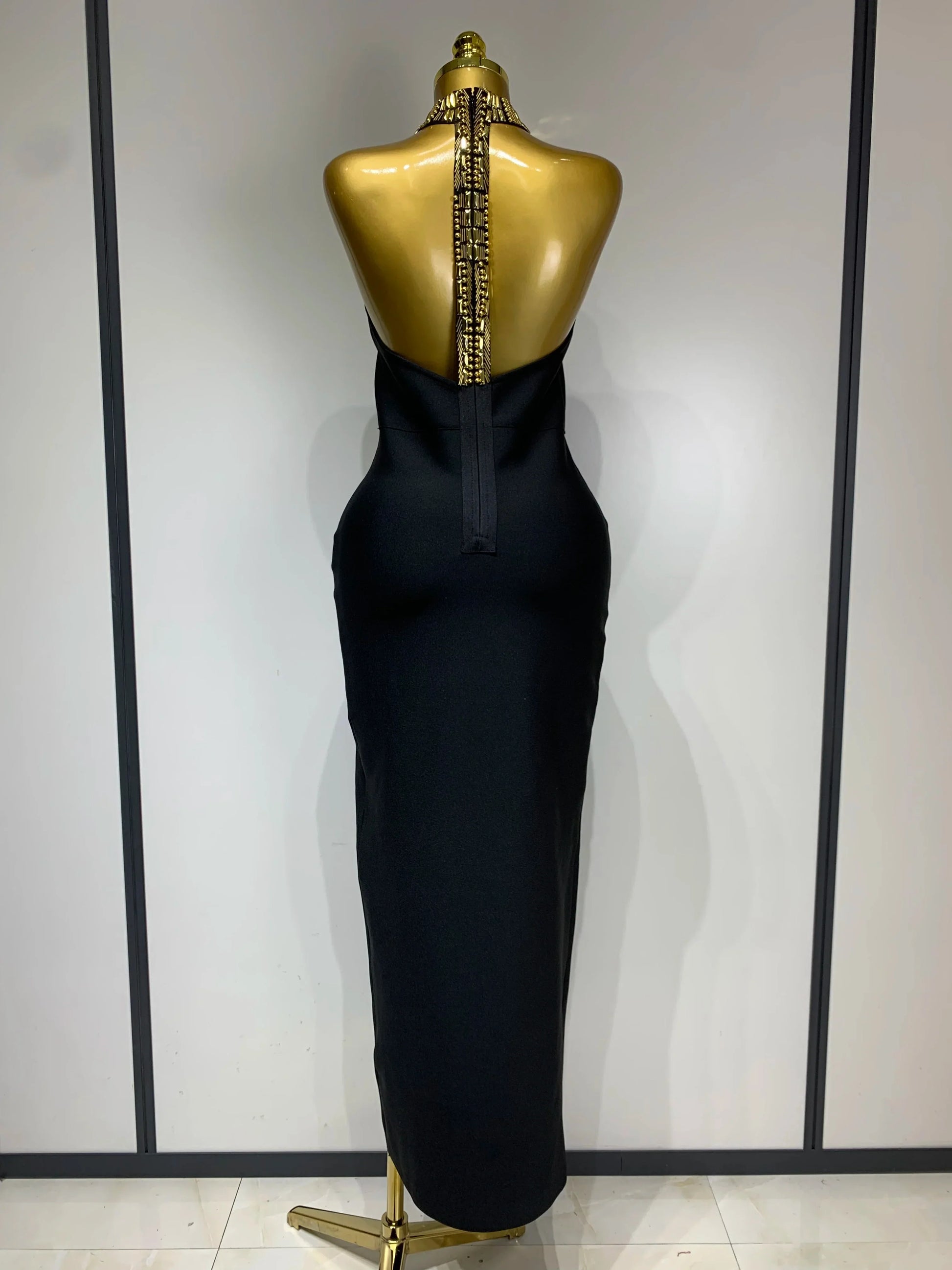 Women Fashion Celebrity Sexy Backless Beading Midi Black Bodycon Bandage Dress Elegant Evening Club Luxury Birthday Dresses