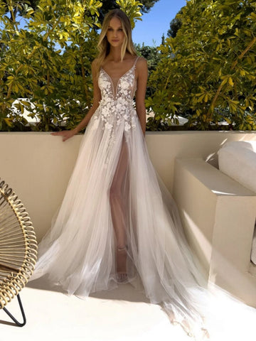Sexy V-neck Wedding Dress Appliques Spaghetti Straps With High Side Slit Backless A-line Bridal Gown Boho Vestido De Novia