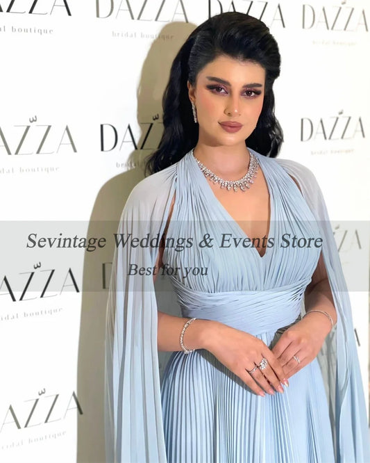 Baby Blue Chiffon Saudi Arabia Long Prom Dresses Cape Sleeves Formal Evening Party Dress Dubai Women Party Gowns