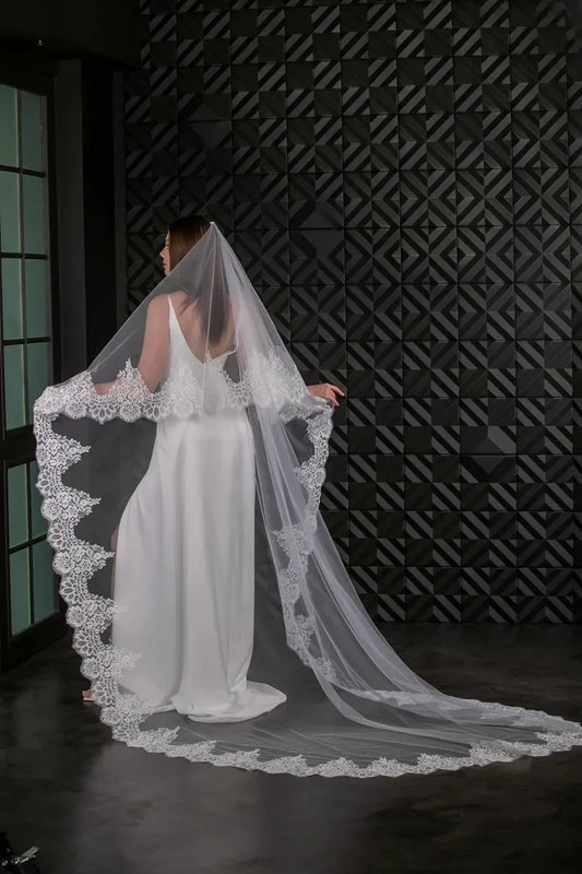 Chapel / Cathedral Wedding Veil Lace Trim Bridal Veil 2 Tires Tulle Long Veil Metal Comb