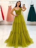 Matcha Green A-line Prom Dress Exquisite One Shoulder فساتين السهرة Sexy Sleeveless Multilayer Vestidos De Noche as pic