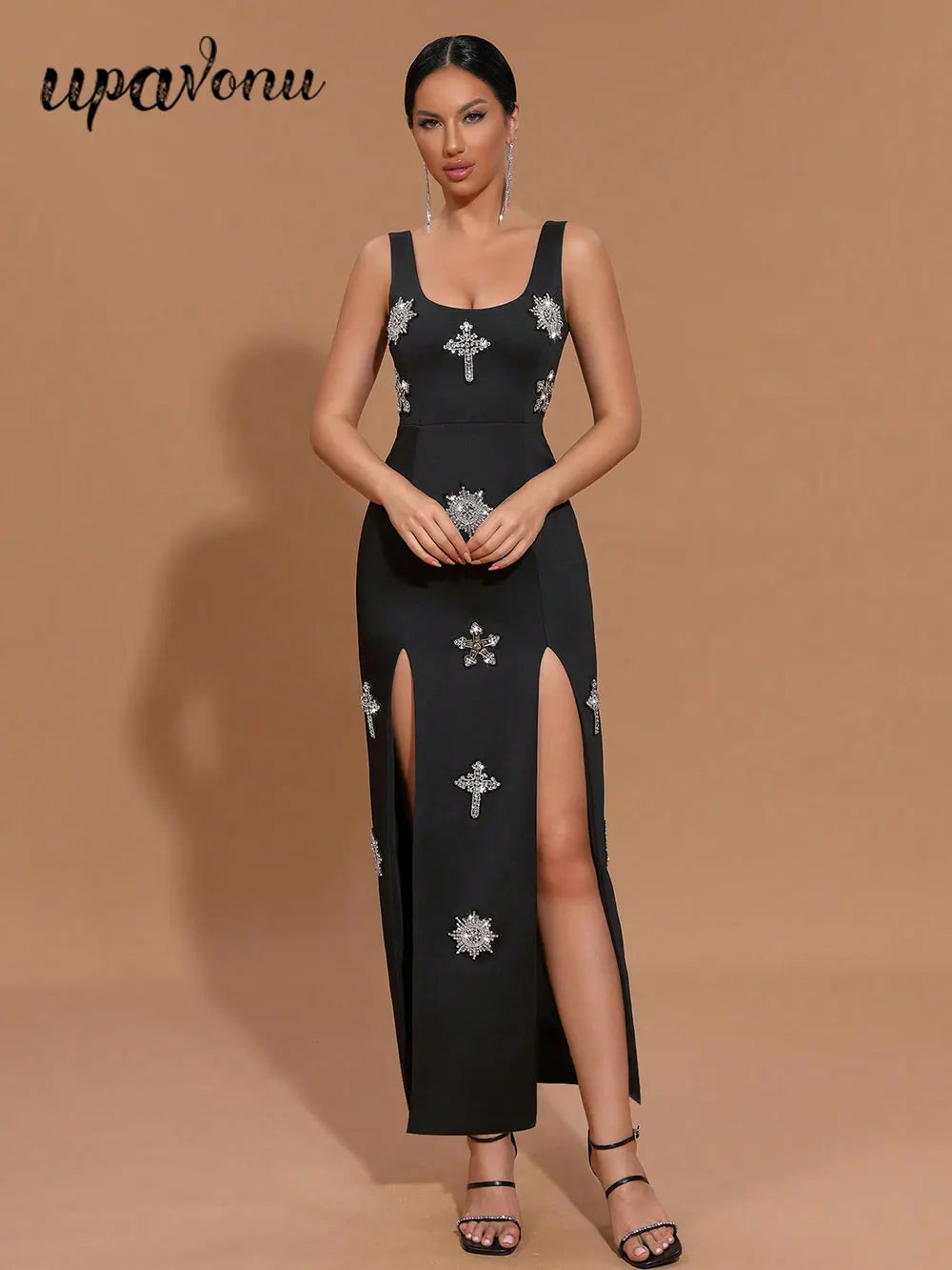 Sexy Women's Light Luxury Nail Diamond Design Split Bandage Dress O-Neck Sleeveless Bodycon Black Long Dress Party Vestidos