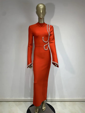 Women’s Long Sleeve Crystal Bodycon Sheath Dress, Ankle-Length, Polyester Blend Red