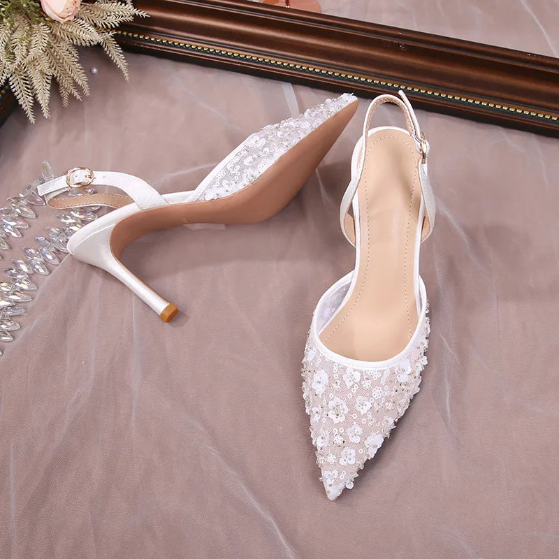 Fashion Sequined Lace Flowers Women Pumps Elegant Pointed toe Satin Wedding Thin High heels Summer Female Party Bridal Shoes
