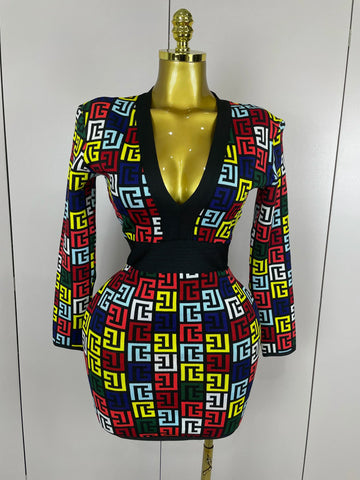 Sexy V-Neck Long Sleeve Bodycon Jacquard Short Bandage Dress Women Elegant Evening Luxury Birthday Party Cocktail Outfit MULTI