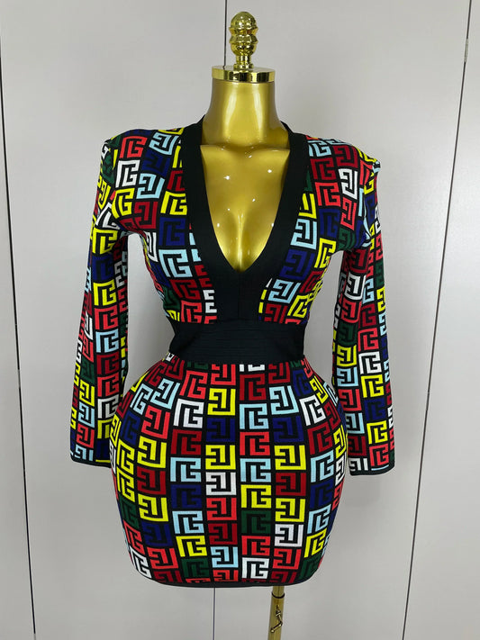 Sexy V-Neck Long Sleeve Bodycon Jacquard Short Bandage Dress Women Elegant Evening Luxury Birthday Party Cocktail Outfit MULTI