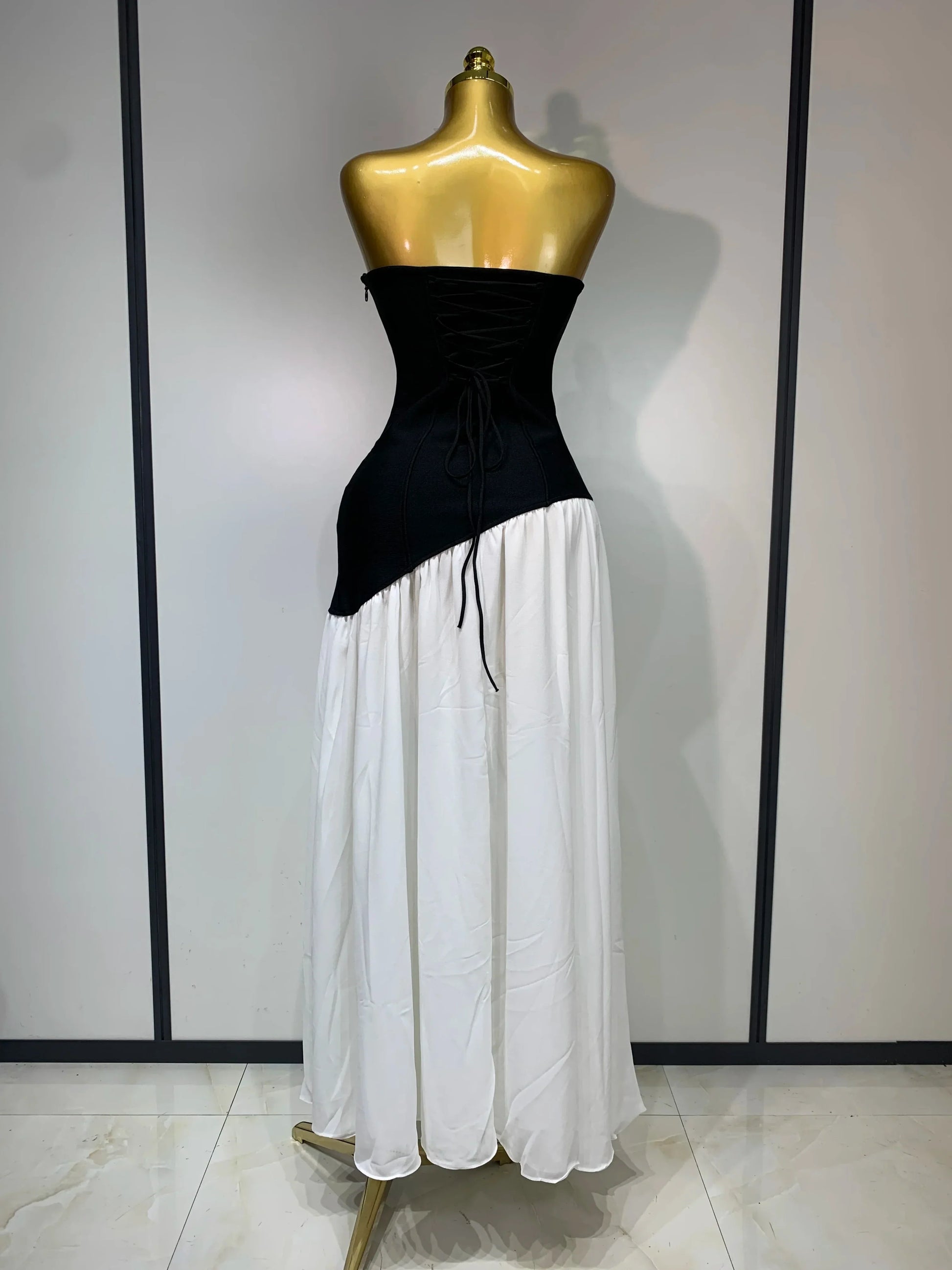 Sexy Strapless Backless Patchwork Maxi Long Bodycon Bandage Dress Celebrity Elegant Evening Party Luxury Birthday Dress