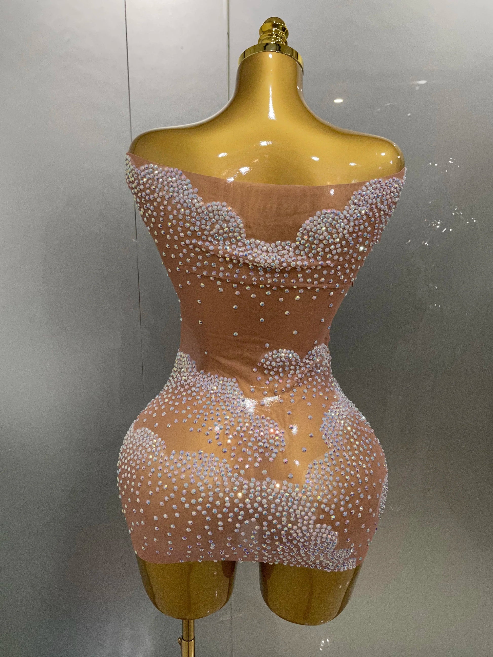Sexy Sparkle Rhinestone Transparent Stretch Mini Dress Women Evening Birthday Party Club Stage Performance Costume