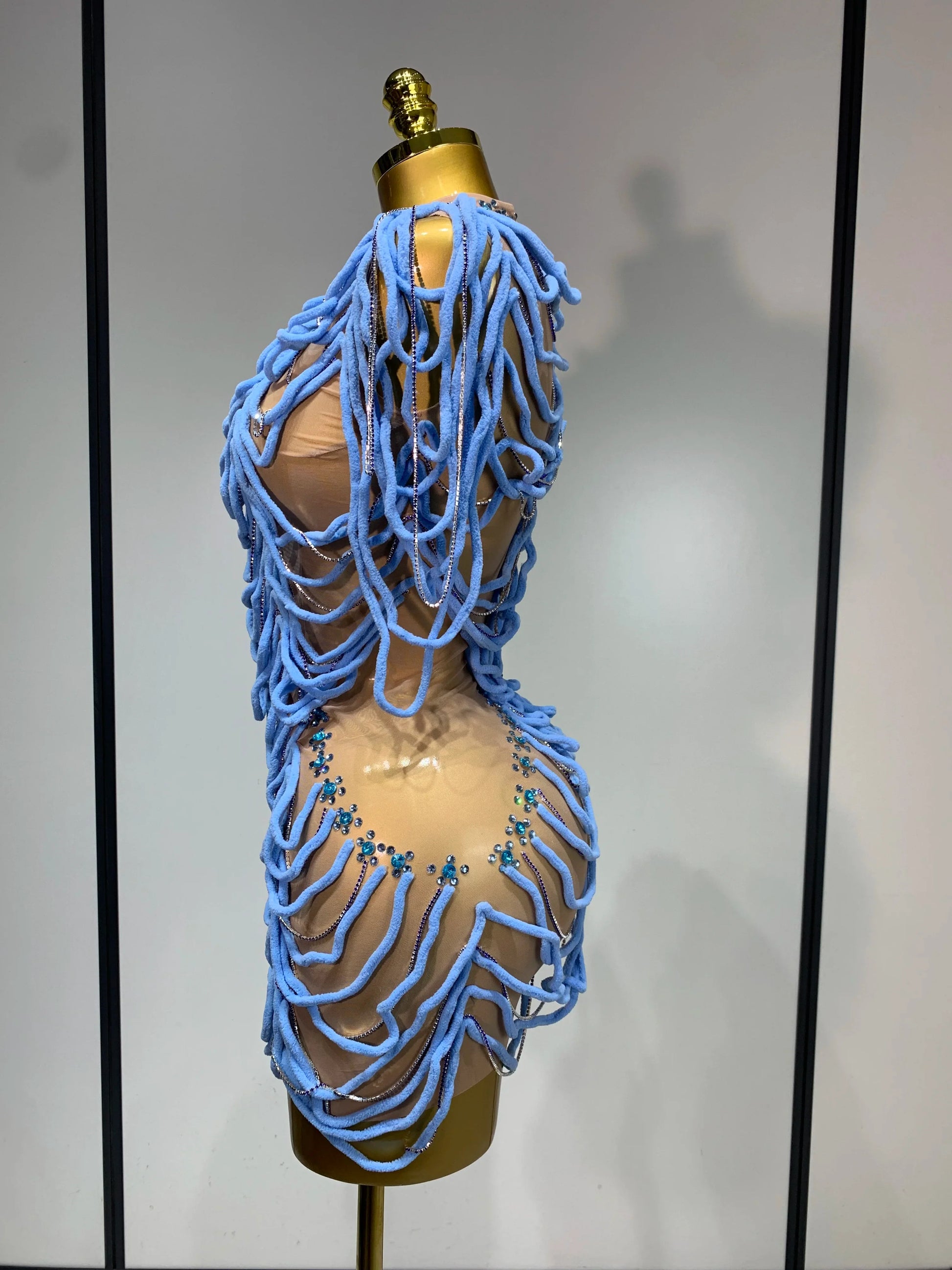 Women Sexy Mesh See Through Sparkly Rhinestones Chain Stage Costume Nightclub Celebrate Evening Party Performance Outfit