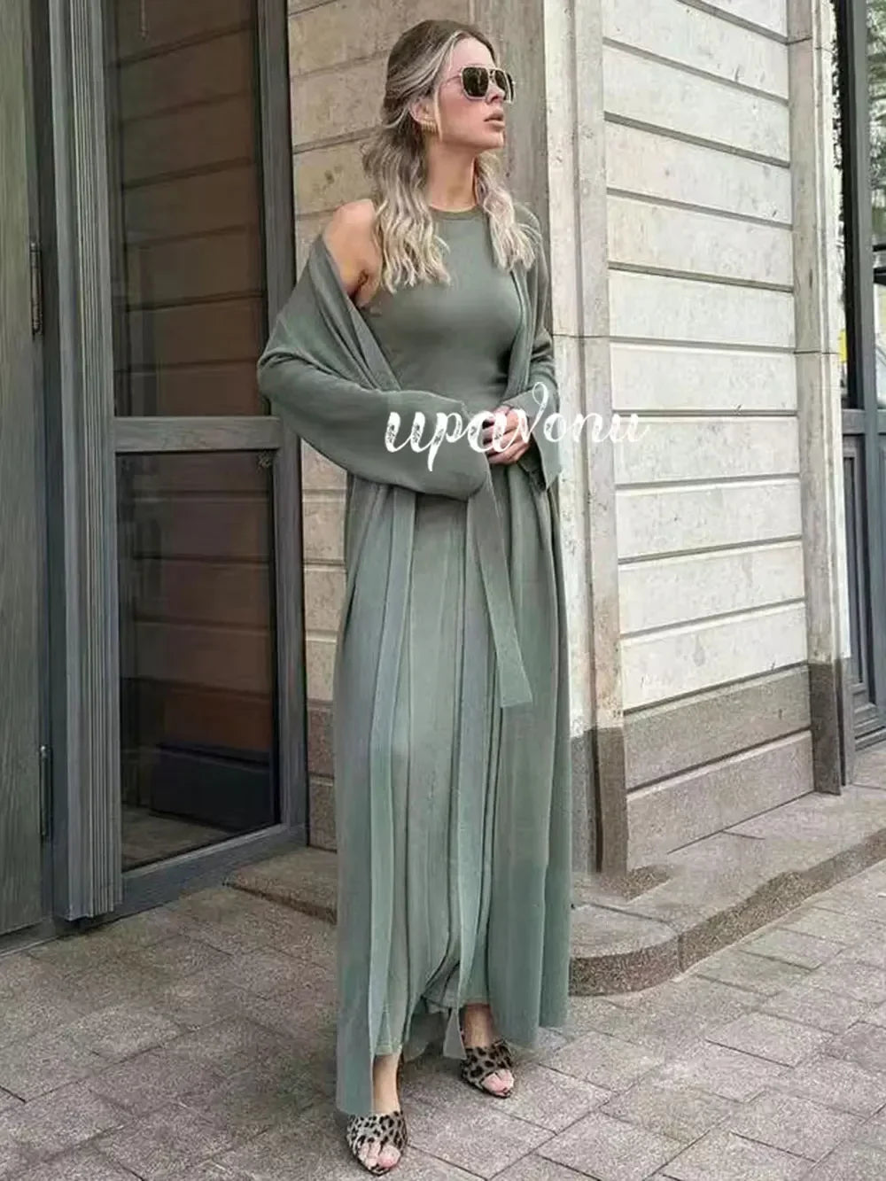 2024 Elegant Women'S Knitted Sweater Dresses Sets With Cardigan Long Jacket+Bodycon Pleated Long Knitted Dress Two-Piece Set army green