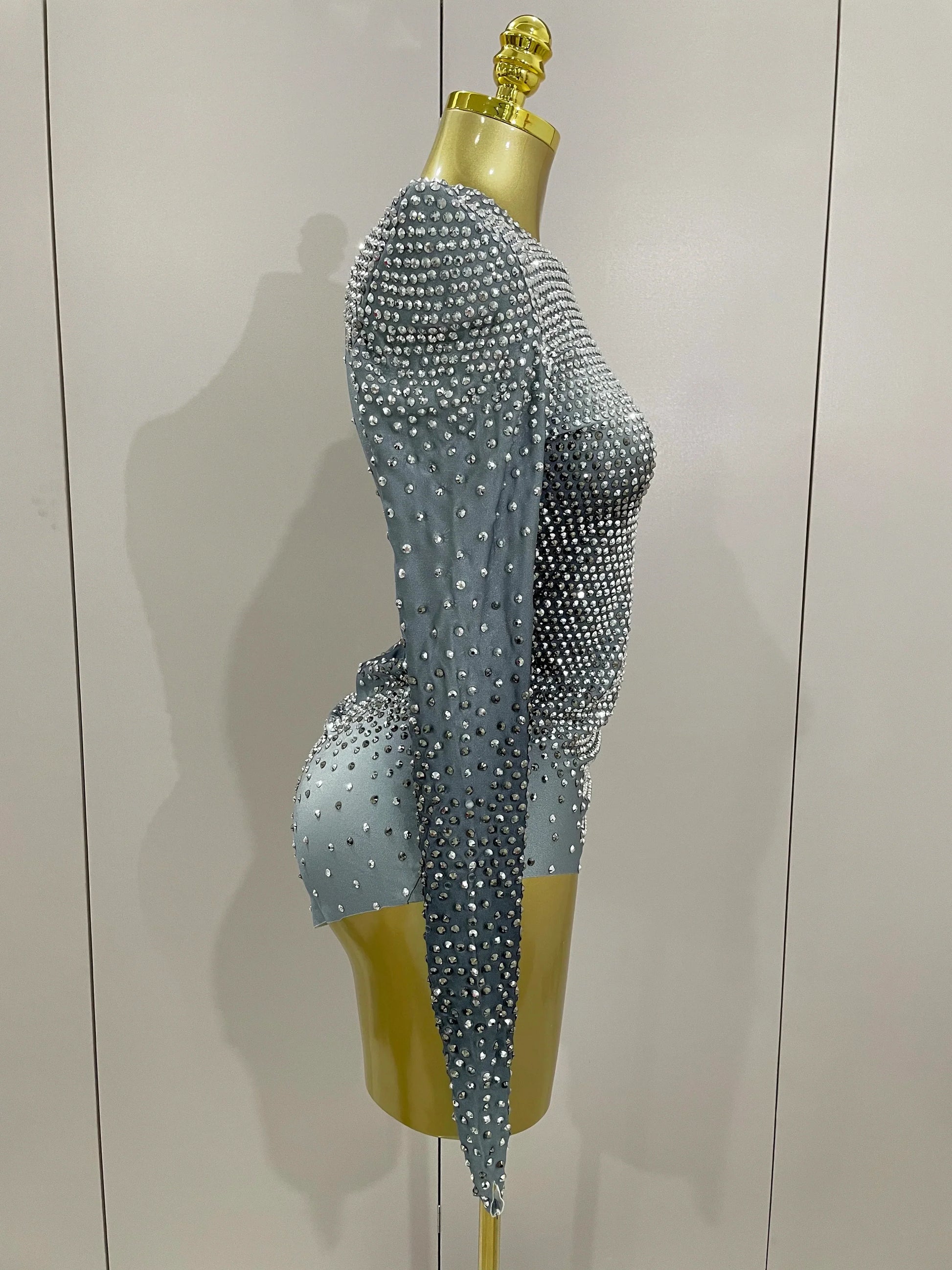 Sparkle Silver Rhinestones Long Sleeve Stretch Bodysuits Women Evening Luxury Birthday Party Sexy Nightclub Stage Costu