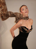 Sexy Leopard print ribbon strapless tight Long Dress Women black Corset Backless Bodycon Maxi Dresses Evening Party Gowns