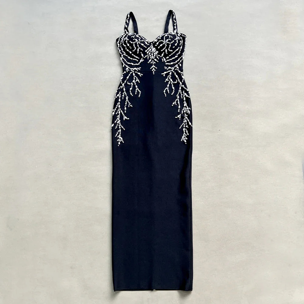 Ladies Diamond Beads Spaghetti Strap Backless Design Celebrity Evening Club Black Sleeveless Sexy Maxi Bandage Dress Vestidos black
