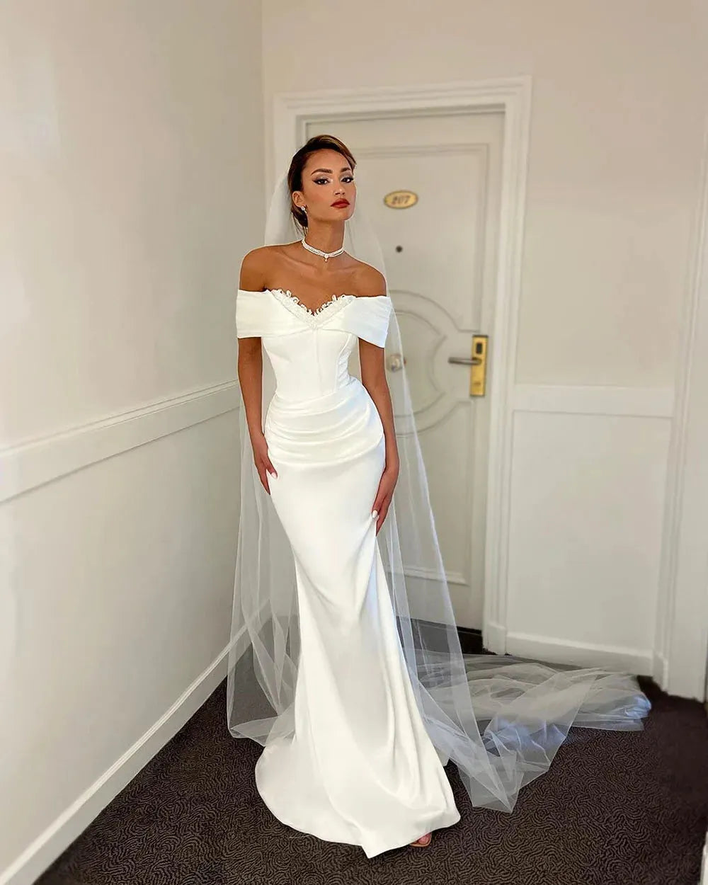 Satin Mermaid Bespoke Bride Dresses Sequins Lace Off The Shoulder Cors, image size:1000x1250
