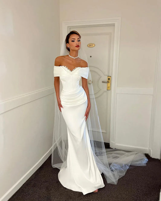 Satin Mermaid Bespoke Bride Dresses Sequins Lace Off The Shoulder Corset Wedding Gowns Elegant Wedding Dress