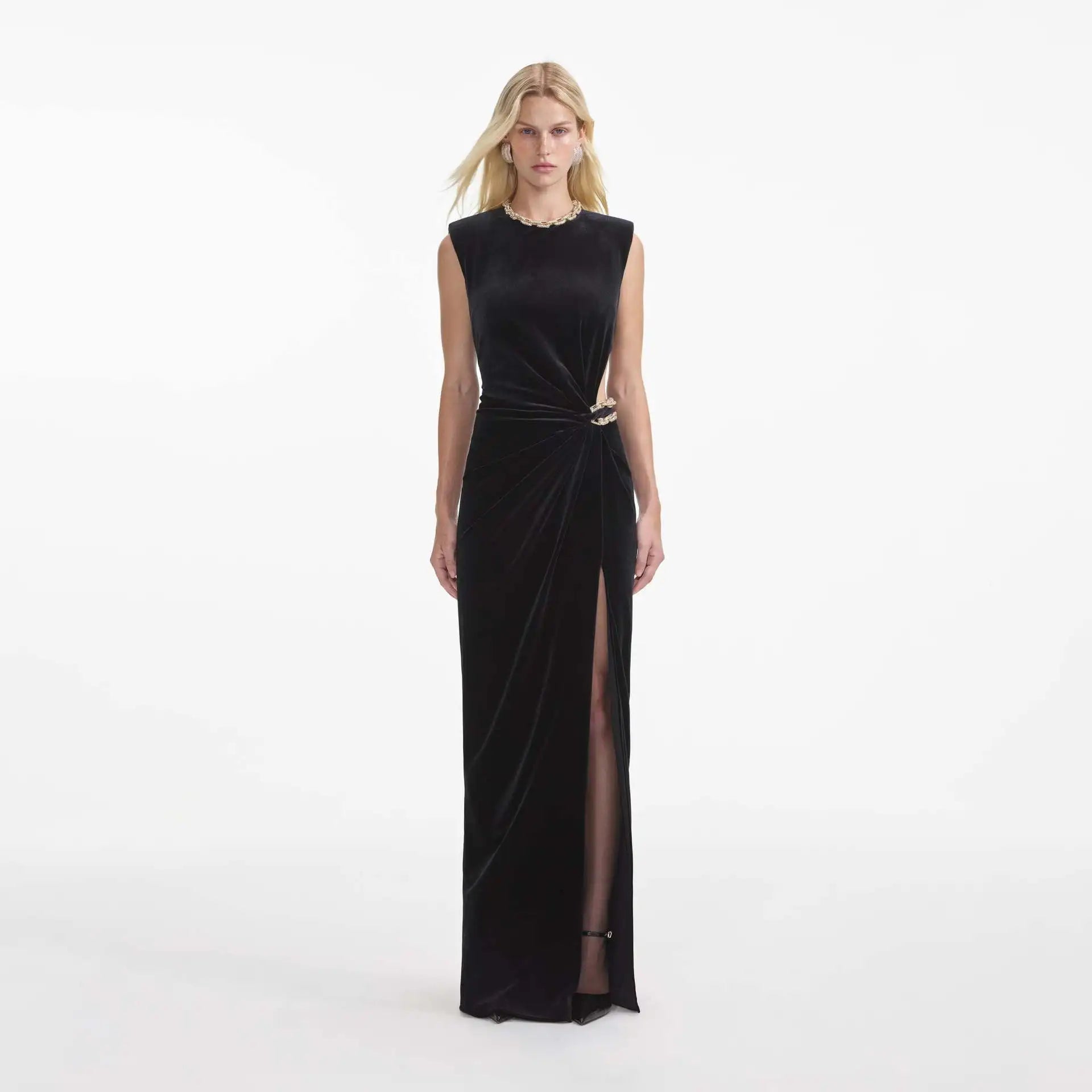 High Quality Black Color Women Sexy Sleeveless O-Neck Velvet Bodycon Long Maxi Dress Elegant Evening Party Cocktail Dress black