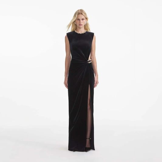 High Quality Black Color Women Sexy Sleeveless O-Neck Velvet Bodycon Long Maxi Dress Elegant Evening Party Cocktail Dress black