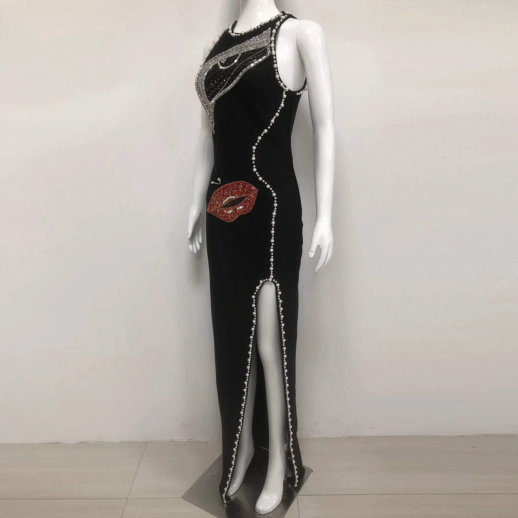 Women Sleeveless Sexy Shinning Rhinestones Bodycon Long Bandage Dress Celebrate Evening Party Birthday Fashion Wear