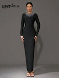 Elegant Women's Light Luxury Hot Diamond Bandage Dress O-neck Long Sleeve Bodycon Black Long Dress Evening Party Vestidos