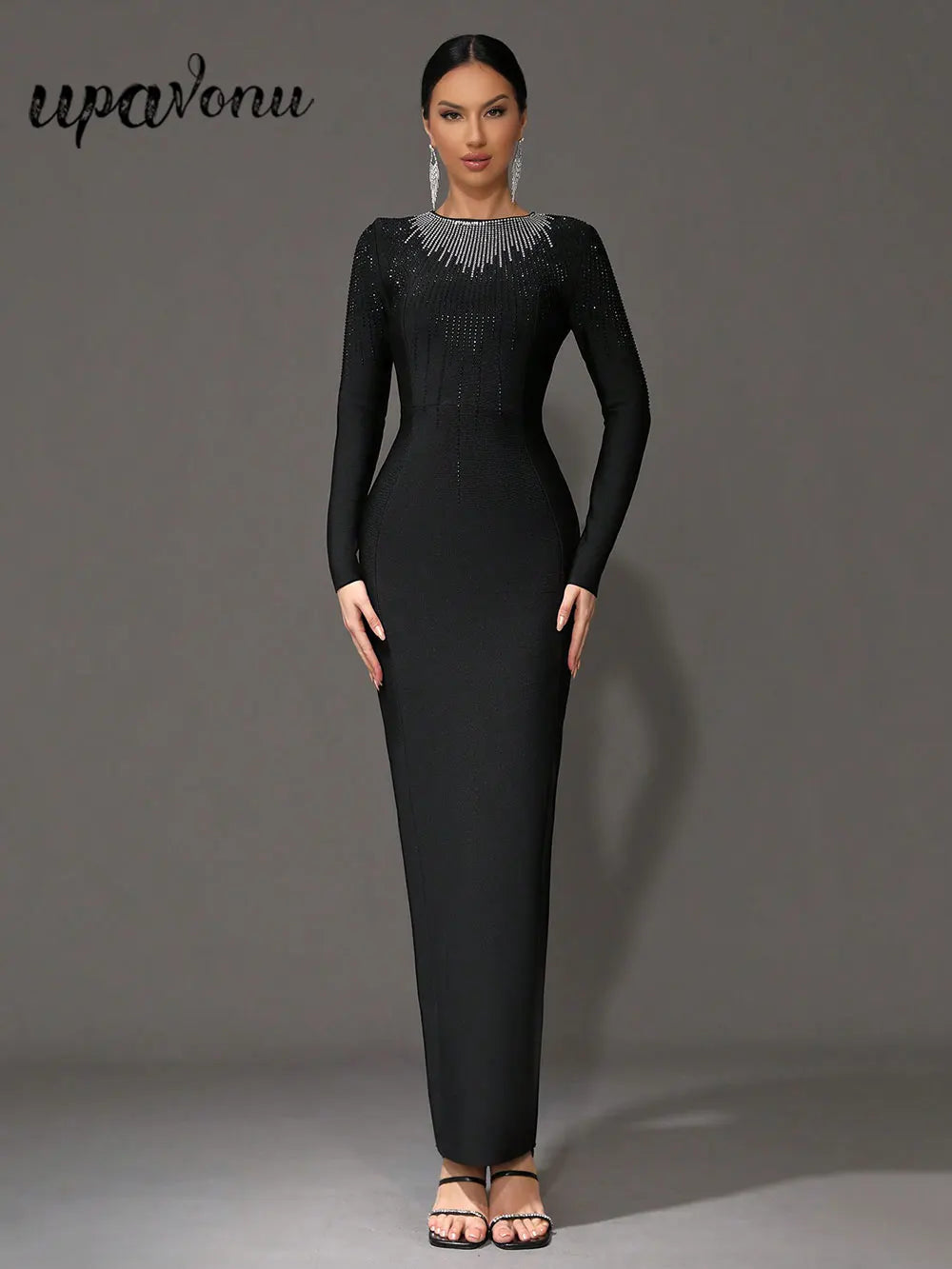 Elegant Women's Light Luxury Hot Diamond Bandage Dress O-neck Long Sleeve Bodycon Black Long Dress Evening Party Vestidos