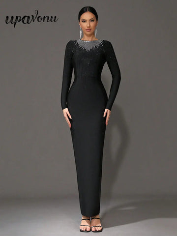 Elegant Women's Light Luxury Hot Diamond Bandage Dress O-neck Long Sleeve Bodycon Black Long Dress Evening Party Vestidos
