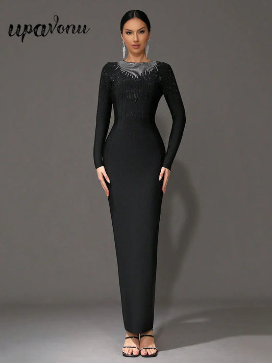 Elegant Women's Light Luxury Hot Diamond Bandage Dress O-neck Long Sleeve Bodycon Black Long Dress Evening Party Vestidos