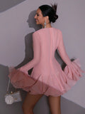 Solid Spliced Button Slimming Mini Dresses For Women O Neck Long Sleeve High Waist Patchwork Ruffles Female Fashion New 2025